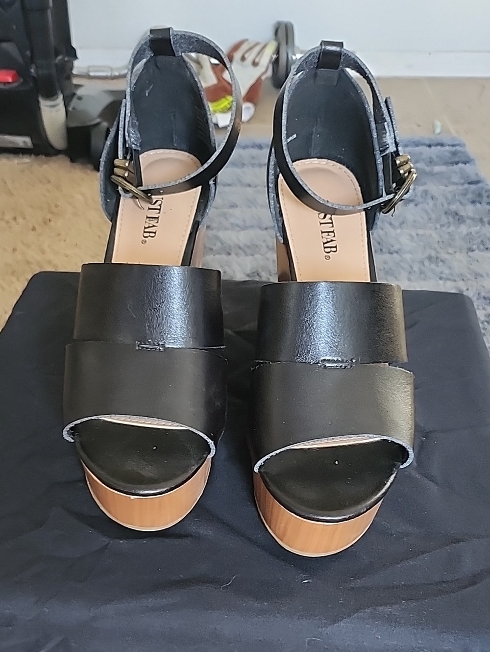 JustFab Black Platform Ankle-Strap Sandals with Wood-Tone Platform